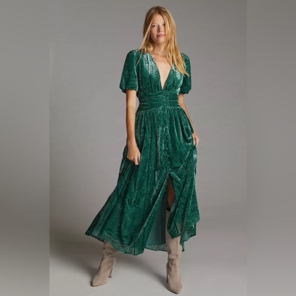 Anthropologie hutch puffsleeve emerald green burnout velvet Christmas dress